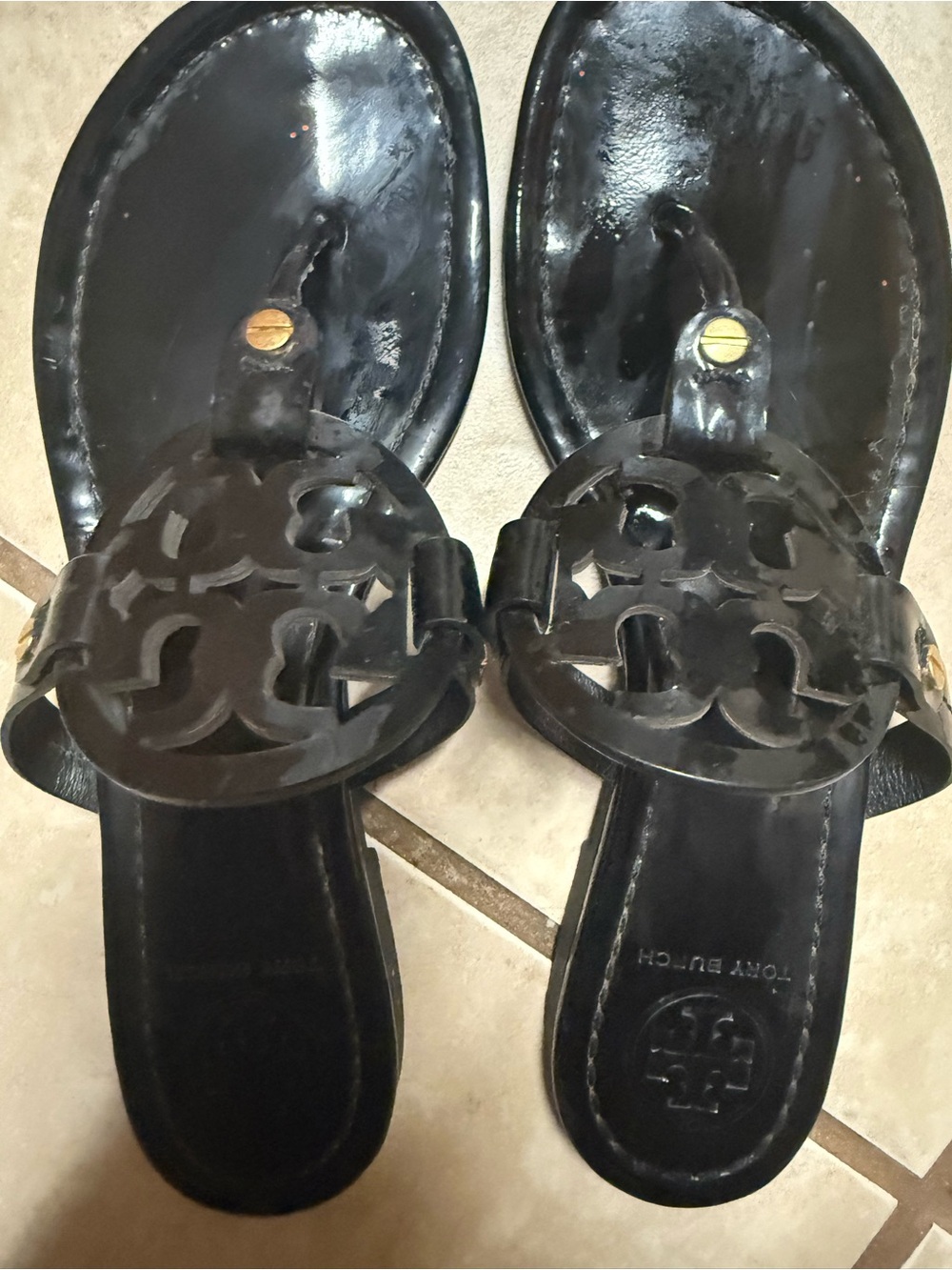 Tory Burch Black Patent Miller Logo Thong Sandals